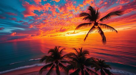 Experience the breathtaking beauty of a tropical beach sunset from a high-angle perspective.  Witness vivid electric colors p