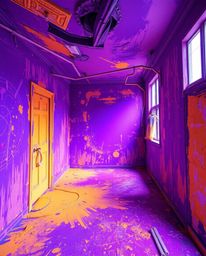 Immerse yourself in a room exploding with paint, where deep ultraviolet hues and vivid purples create a high-contrast, intens