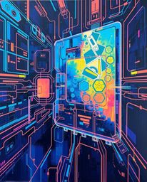 Explore a bold acrylic painting showcasing a futuristic digital interface comprised of striking geometric patterns and a mesm