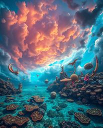 A dreamlike and surreal bird’s-eye view captures a colorful sky over a coral reef at low tide. This imaginative scene is fill