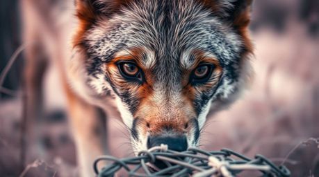A captivating close-up capturing the intense gaze of a coyote carefully setting a trap, rendered in surreal infrared tones. T