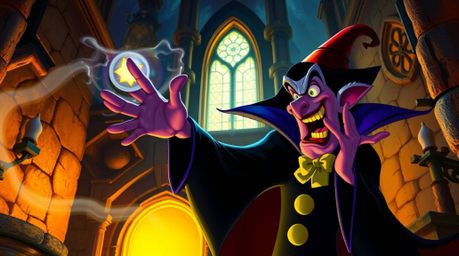 A captivating digital painting depicts a classic Disney villain, brimming with lively energy, casting a spell within a bright