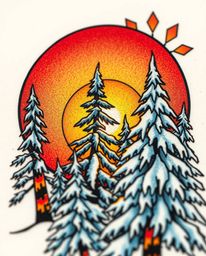 An extreme macro close-up of a symbolic traditional tattoo art print depicts sunset light sparkling on snowy pine trees. Show