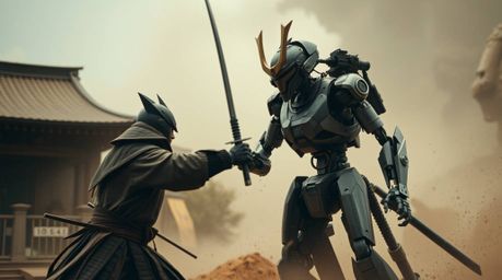 Experience a dramatic cinematic vision of a samurai and robot clashing in a dystopian world.  Captured with a natural earth t