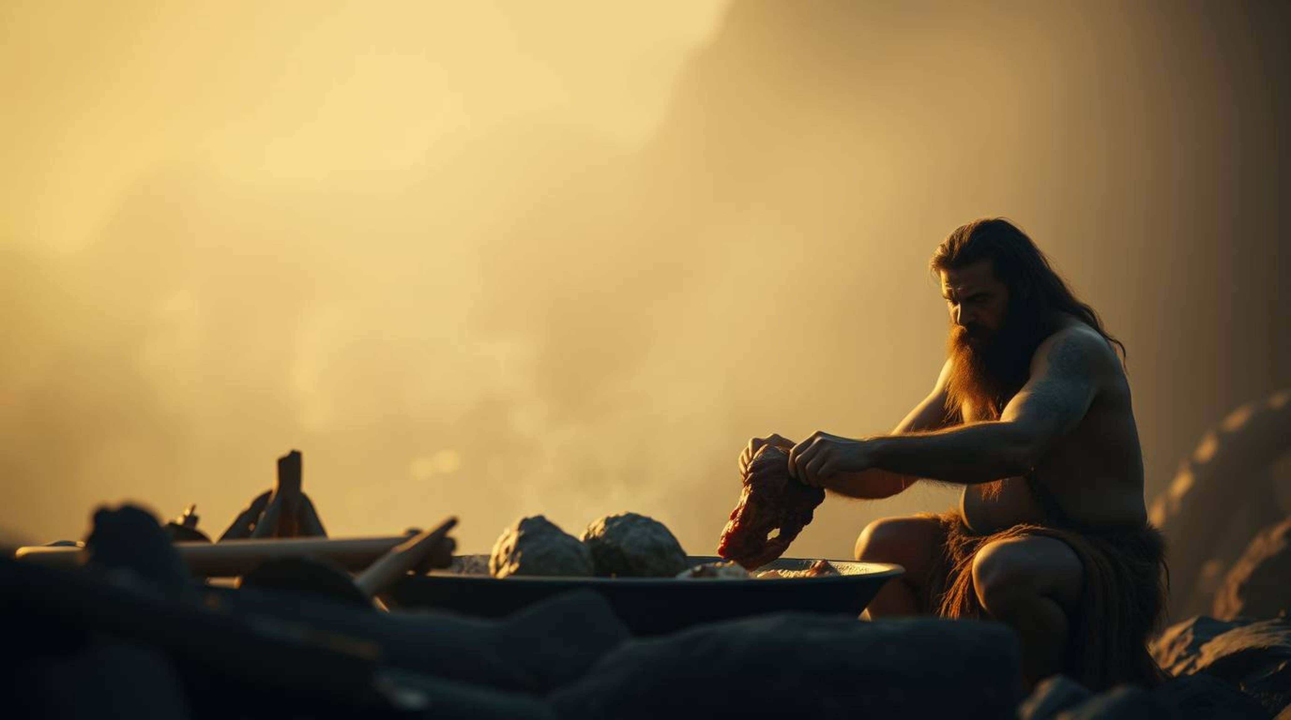 Experience a cinematic portrayal of a caveman skillfully preparing mammoth meat, bathed in a soft, dreamy haze. Smooth gradie
