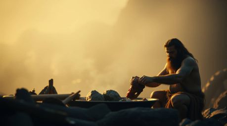 Experience a cinematic portrayal of a caveman skillfully preparing mammoth meat, bathed in a soft, dreamy haze. Smooth gradie