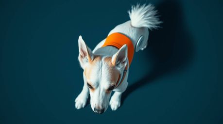Imagine a breathtaking overhead bird's eye view of a futuristic dog gracefully walking itself in the vast expanse of space. T