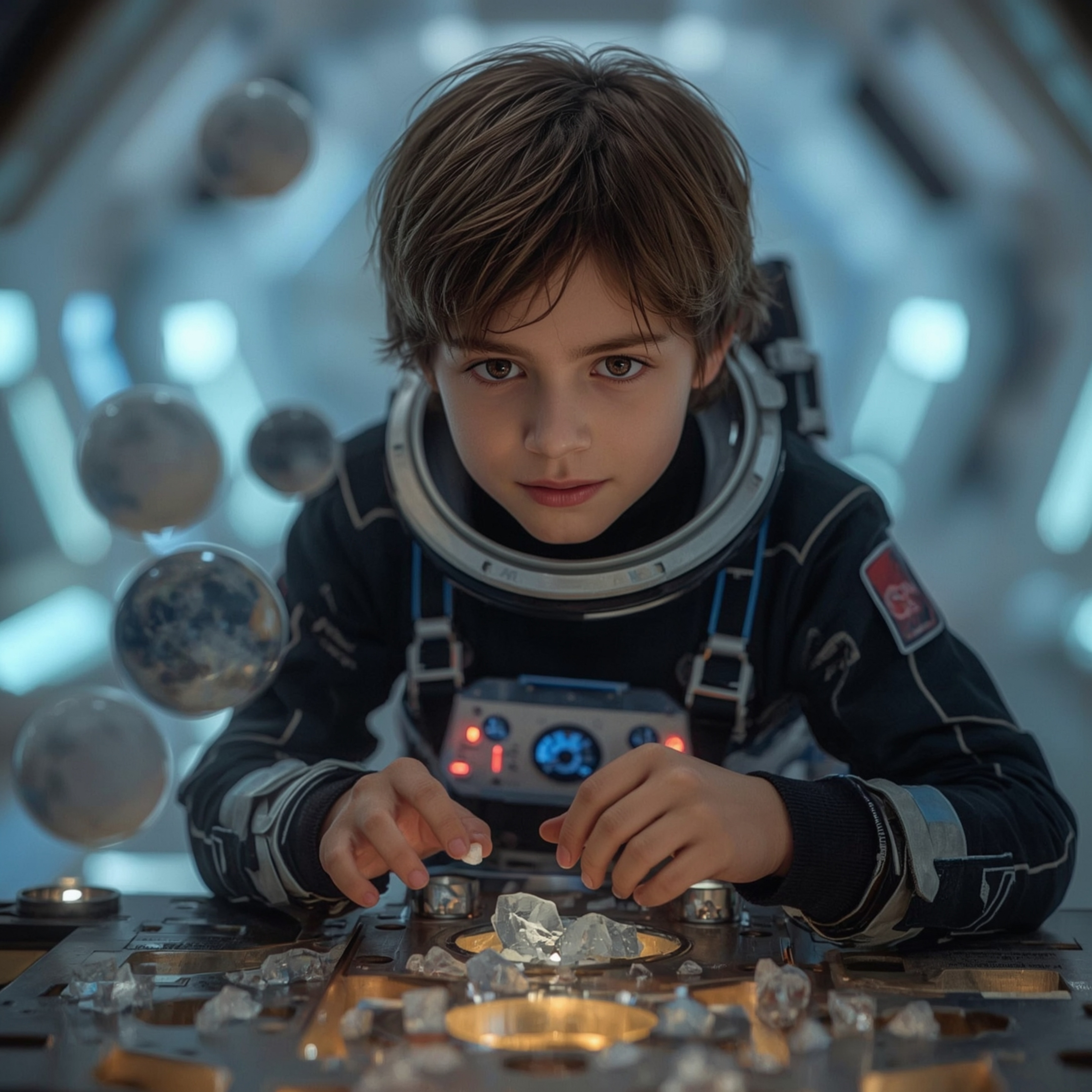 A captivating high-fashion photography piece depicts a young boy with hazel eyes and a gentle smile, wearing a sleek spacesui