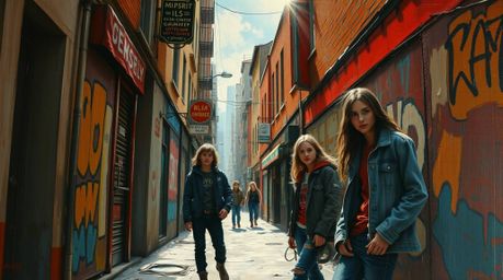 A classic oil painting captures the essence of a grungy city alley, teeming with rebellious teens.  The artwork boasts vibran
