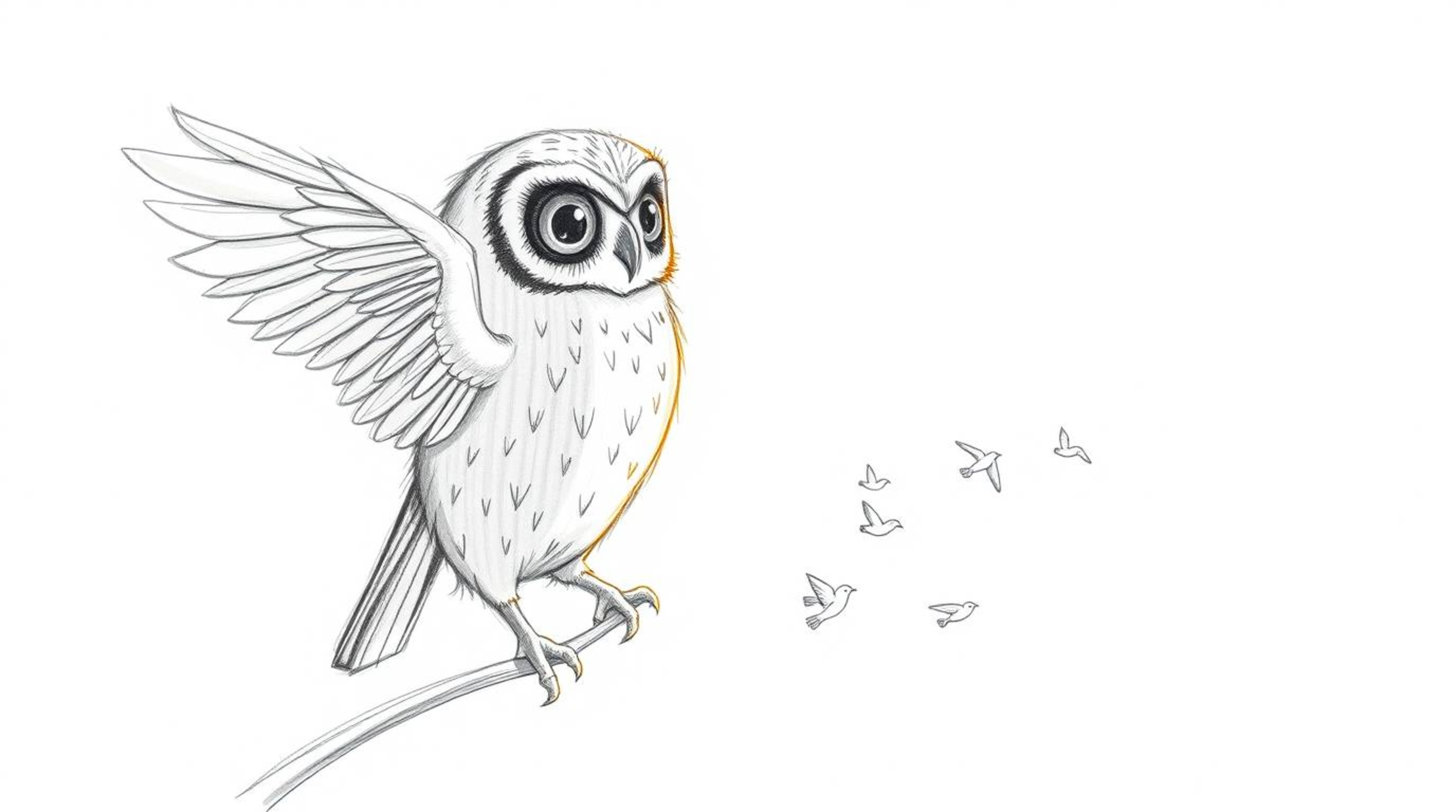 A heartwarming hand-drawn sketch in Pixar style depicts a blind owl with feathers radiating in a sunbeam, patiently guiding s