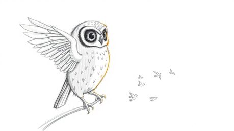 A heartwarming hand-drawn sketch in Pixar style depicts a blind owl with feathers radiating in a sunbeam, patiently guiding s