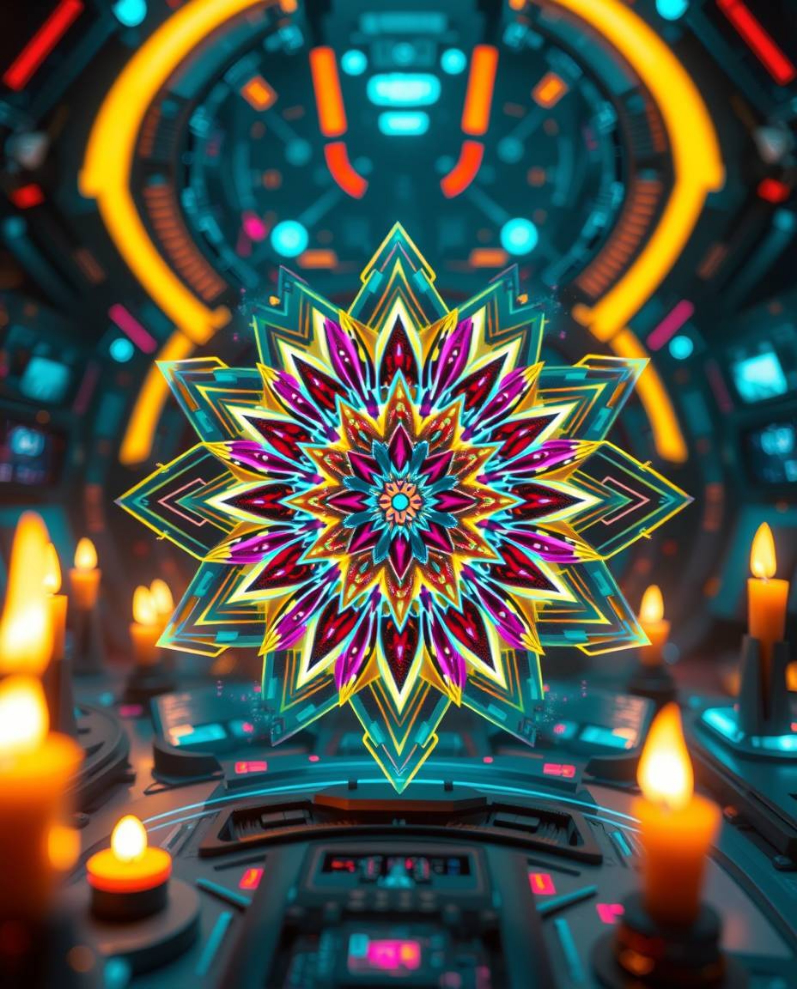 A captivating image depicting a dynamic, in-motion geometric floral mandala in a futuristic sci-fi setting.  The design featu