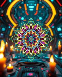 A captivating image depicting a dynamic, in-motion geometric floral mandala in a futuristic sci-fi setting.  The design featu
