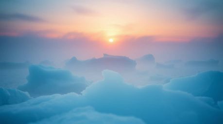 A soft, cinematic image capturing a stunning sunset over icy polar glaciers. The scene is bathed in cool blues, greens, and p