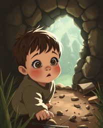 A captivating image depicts a child with curious eyes and rosy cheeks, unexpectedly discovering a hidden magical portal in th