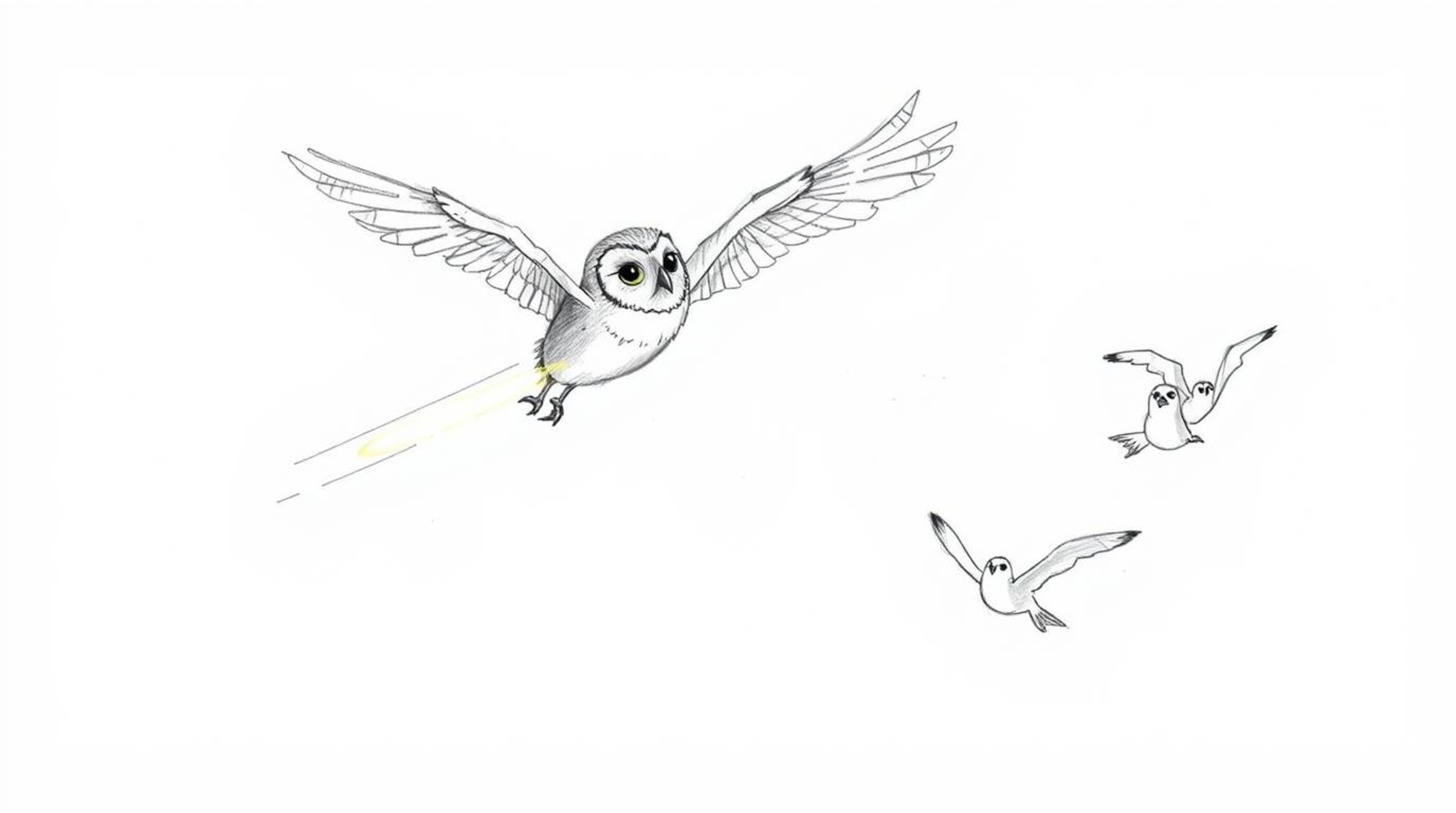 A captivating hand-drawn sketch in the style of Pixar showcases a blind owl mid-flight, tenderly guiding several birds in the