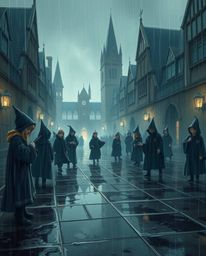 Immerse yourself in a wet and rainy scene depicting a magical school teeming with young wizards. The drizzling rain, reflecti