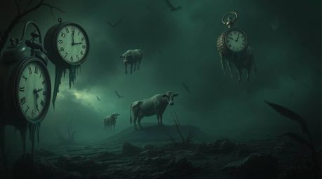 Explore a surreal and unsettling dreamscape filled with melting clocks and floating cows. This eerie scene is rendered in dar