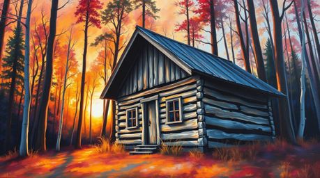 A captivating acrylic painting depicts an old wooden cabin nestled in a sunset-filled woods.  Viewed from a low angle, the ar