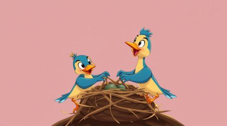 A high-resolution stock photo depicts two cartoon birds diligently constructing a nest in a charming classic animation style.
