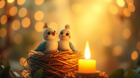 Delightful classic animation depicting two cartoon birds meticulously constructing their nest.  Bathed in a warm golden glow 