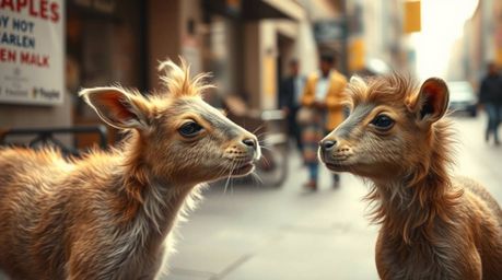 A captivating candid street photograph showcases two mischievous talking animals amidst a vibrant urban setting. The image ex