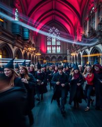 A captivating long exposure photograph showcases a magical school filled with young, sophisticated wizards.  Rendered in rich