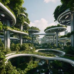 Explore a visionary urban oasis where nature and technology converge in a futuristic city park. Discover suspended walkways o