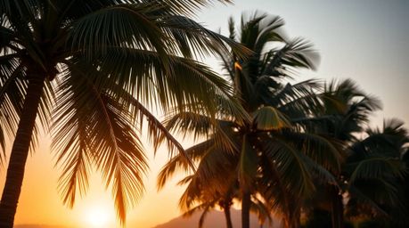 Experience the serene beauty of a tropical beach sunset in this captivating close-up.  The image showcases swaying palm trees