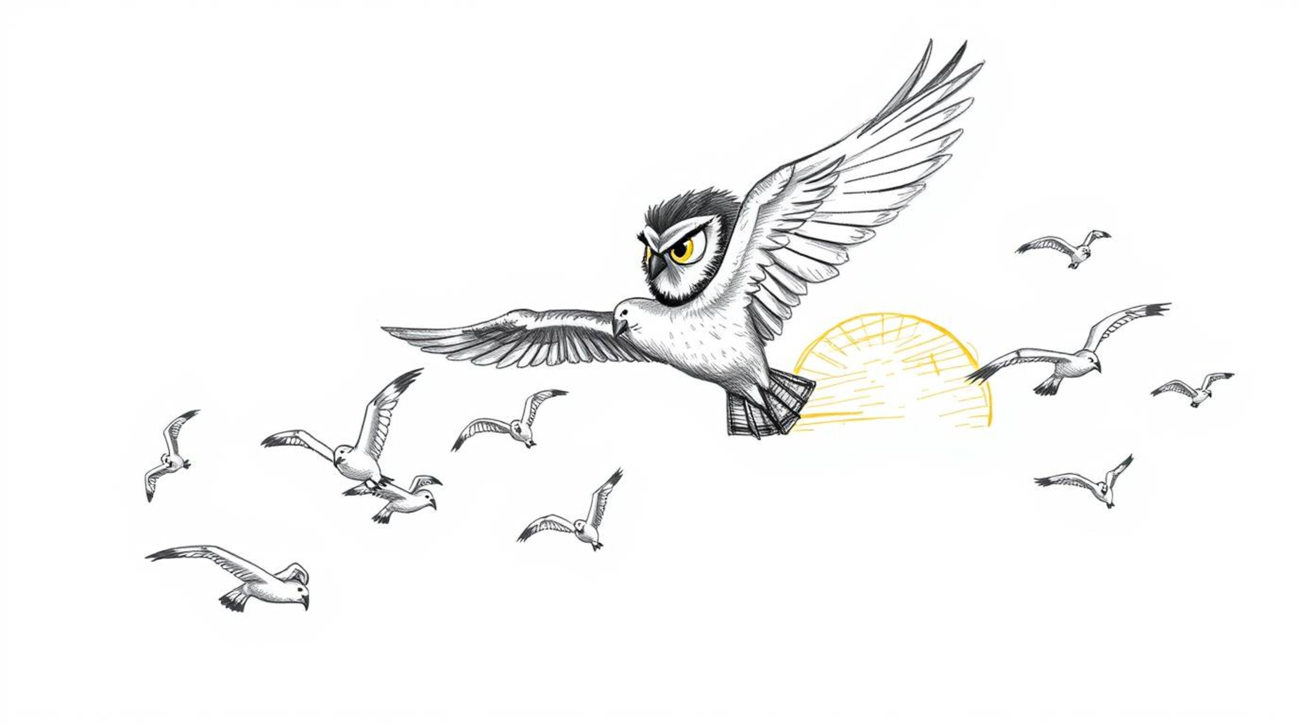 A heartwarming hand-drawn sketch in the style of Pixar depicts a blind owl, its feathers meticulously detailed with textured 