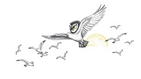 A heartwarming hand-drawn sketch in the style of Pixar depicts a blind owl, its feathers meticulously detailed with textured 