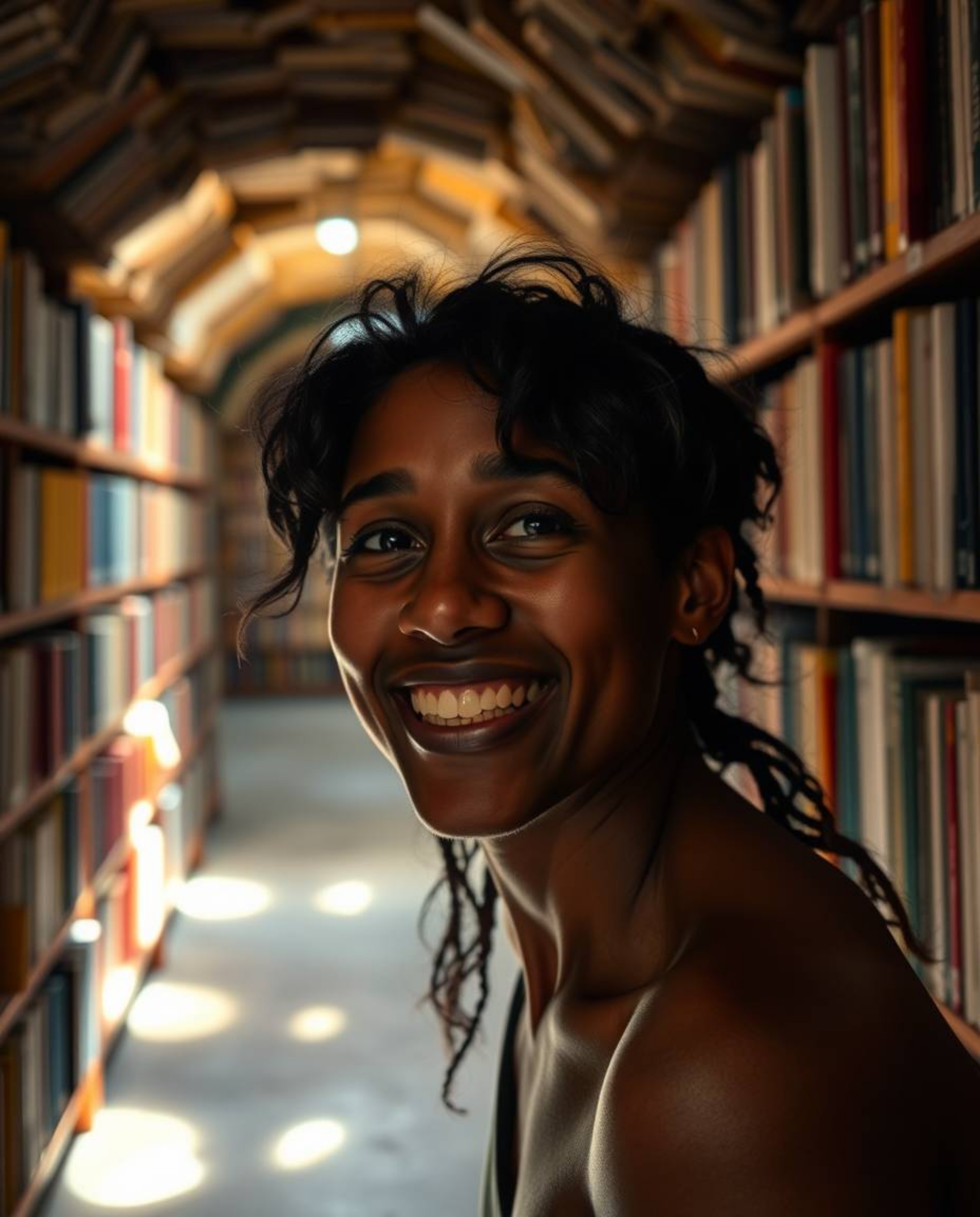A joyful individual with olive skin stumbles upon a secret underground library, a vibrant space filled with bright colors and