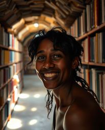 A joyful individual with olive skin stumbles upon a secret underground library, a vibrant space filled with bright colors and