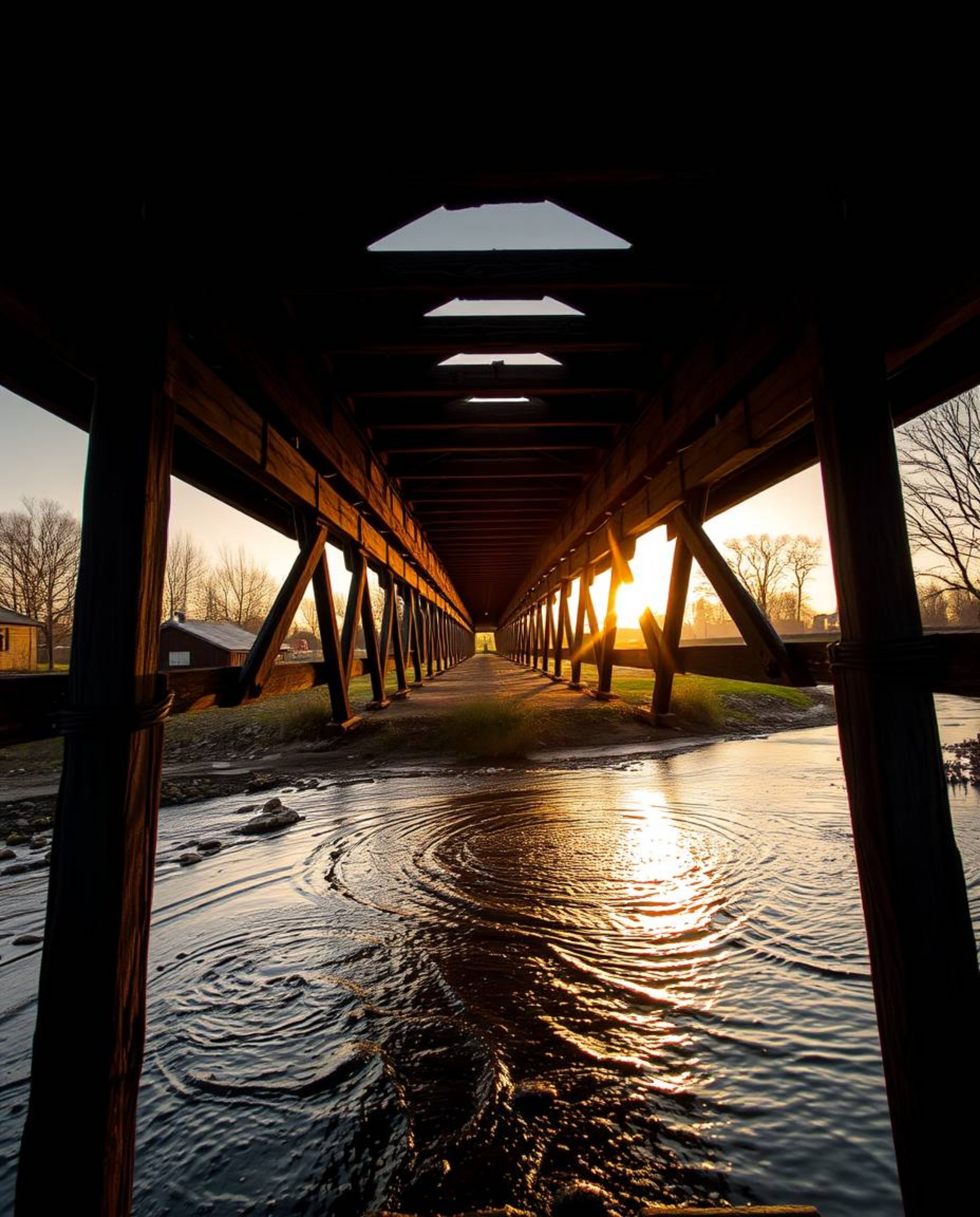 A dramatic scene of an old wooden bridge over a river at sunset, captured from a low-angle perspective looking up. The compos