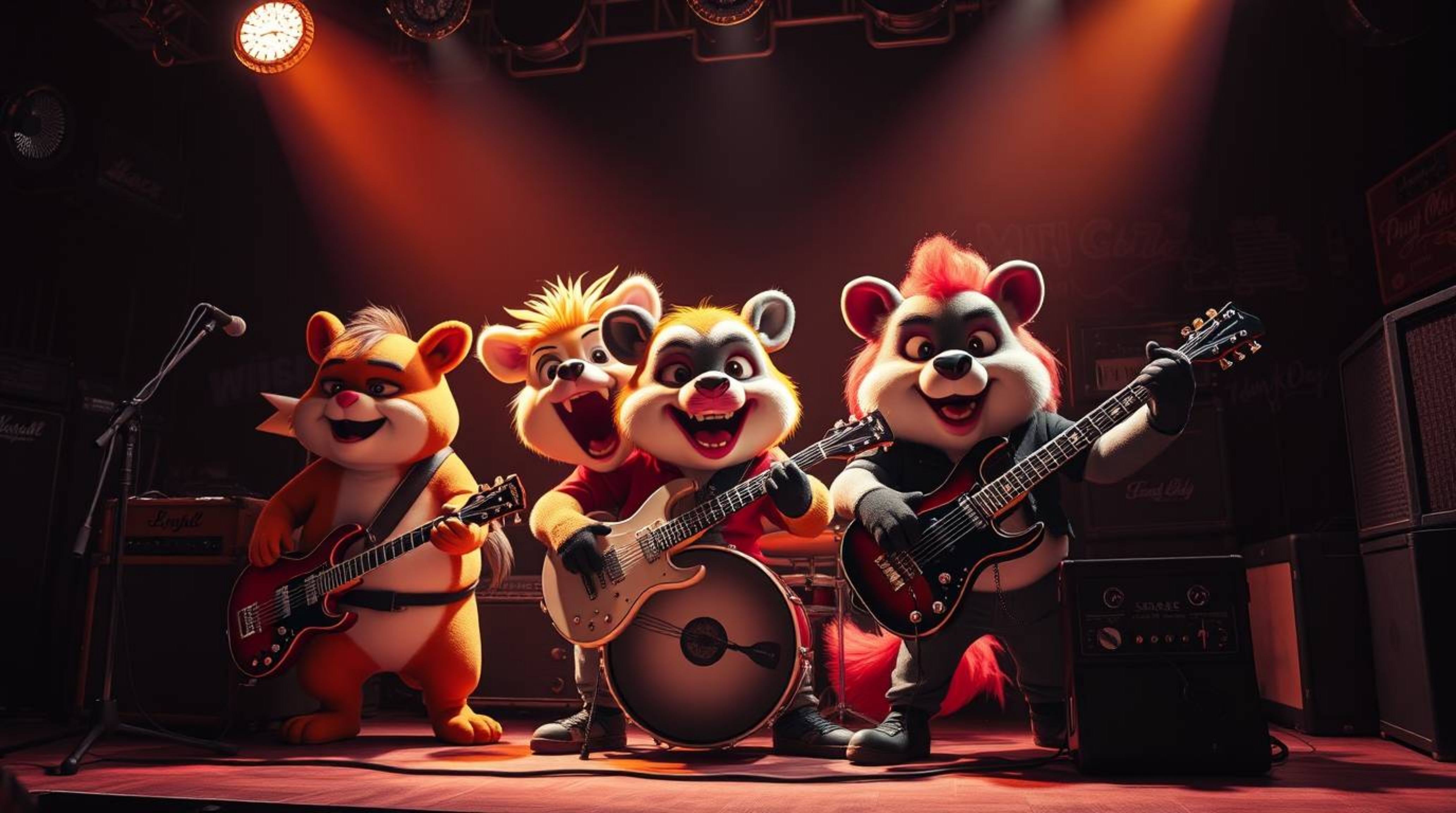 Download this high-resolution stock photo featuring a vibrant cartoon animal rock band performing under intense dramatic ligh
