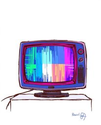 A captivating hand-drawn sketch showcases a TV screen engulfed in intense, dramatic lighting.  The image features a glitch-fi
