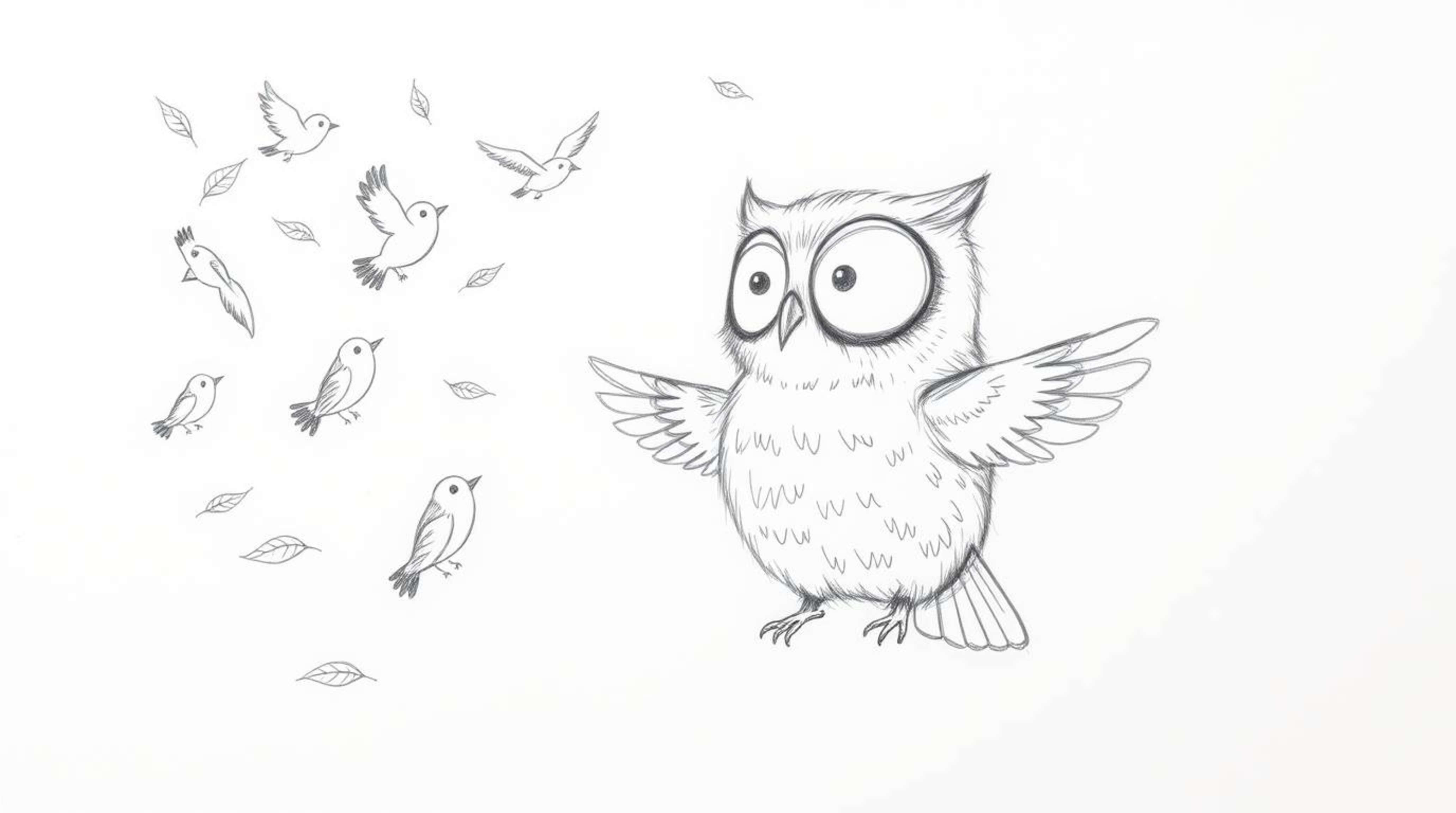 A whimsical, hand-drawn sketch in the style of Pixar features a blind owl with soft, rounded features.  This textured pencil 