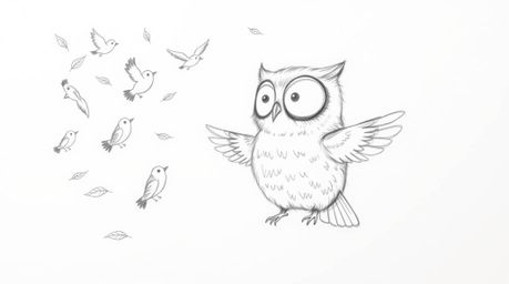 A whimsical, hand-drawn sketch in the style of Pixar features a blind owl with soft, rounded features.  This textured pencil 