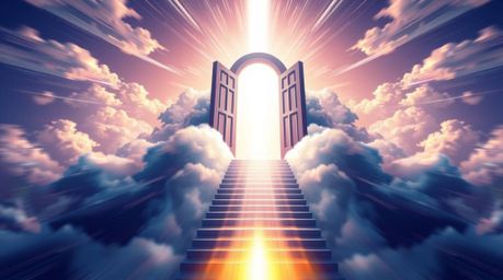 A captivating dynamic motion logo featuring a heavenly gate above clouds, stairs ascending to the heavens, and golden light i