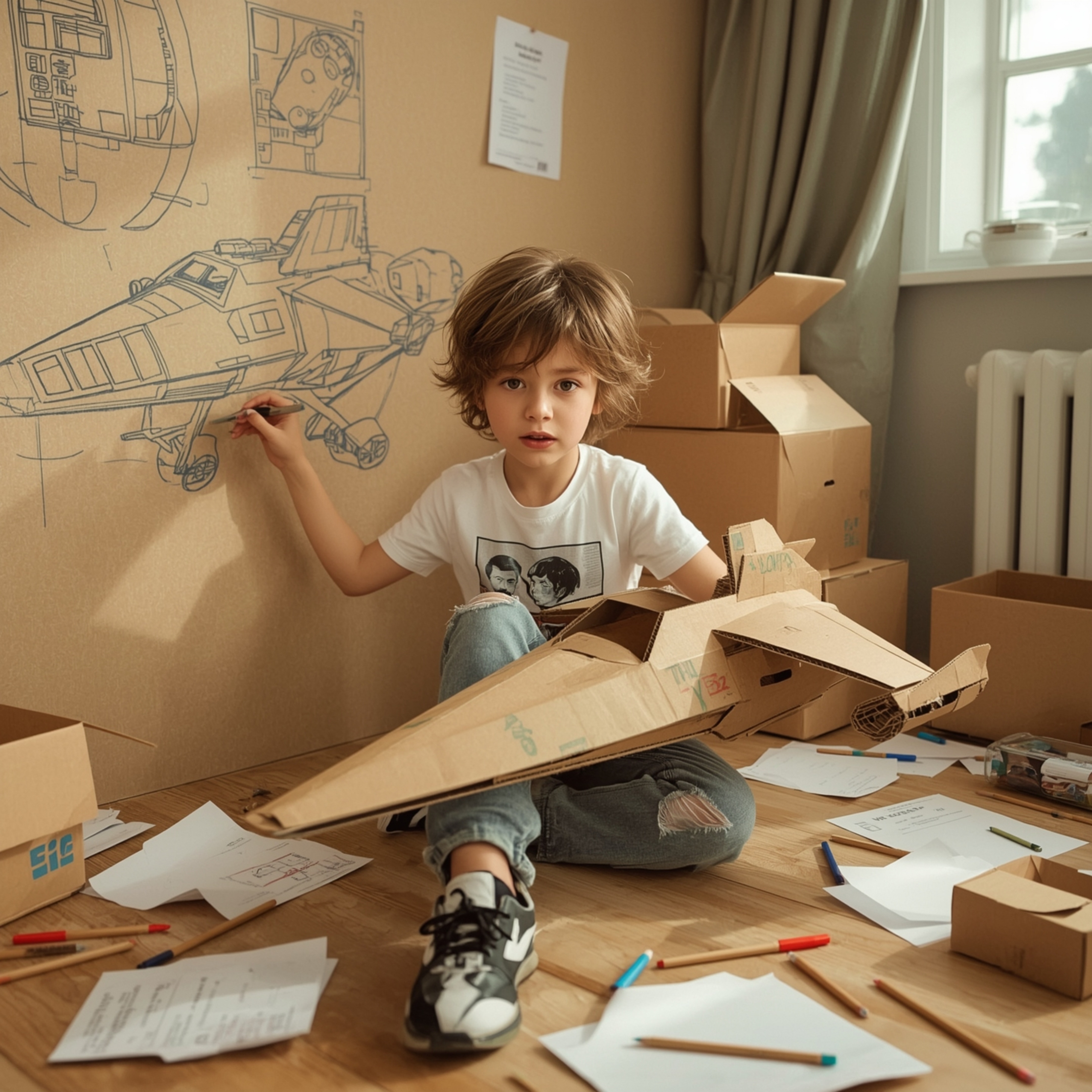 This high fashion photography captures the exquisite scene of a young boy with curious bright eyes, building an intricately d