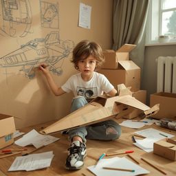 This high fashion photography captures the exquisite scene of a young boy with curious bright eyes, building an intricately d