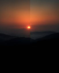 This artwork captures a Tuscany sunset over misty rolling hills through the lens of an eerie and creepy atmosphere. It featur