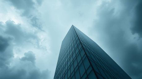 Overhead bird's eye view captures a modern glass building seemingly dissolving into a dramatic, stormy sky, highlighting the 
