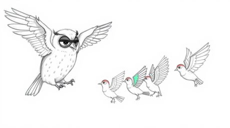 A heartwarming hand-drawn sketch in the style of Pixar depicts a gentle, blind owl with feathery plumage patiently guiding a 
