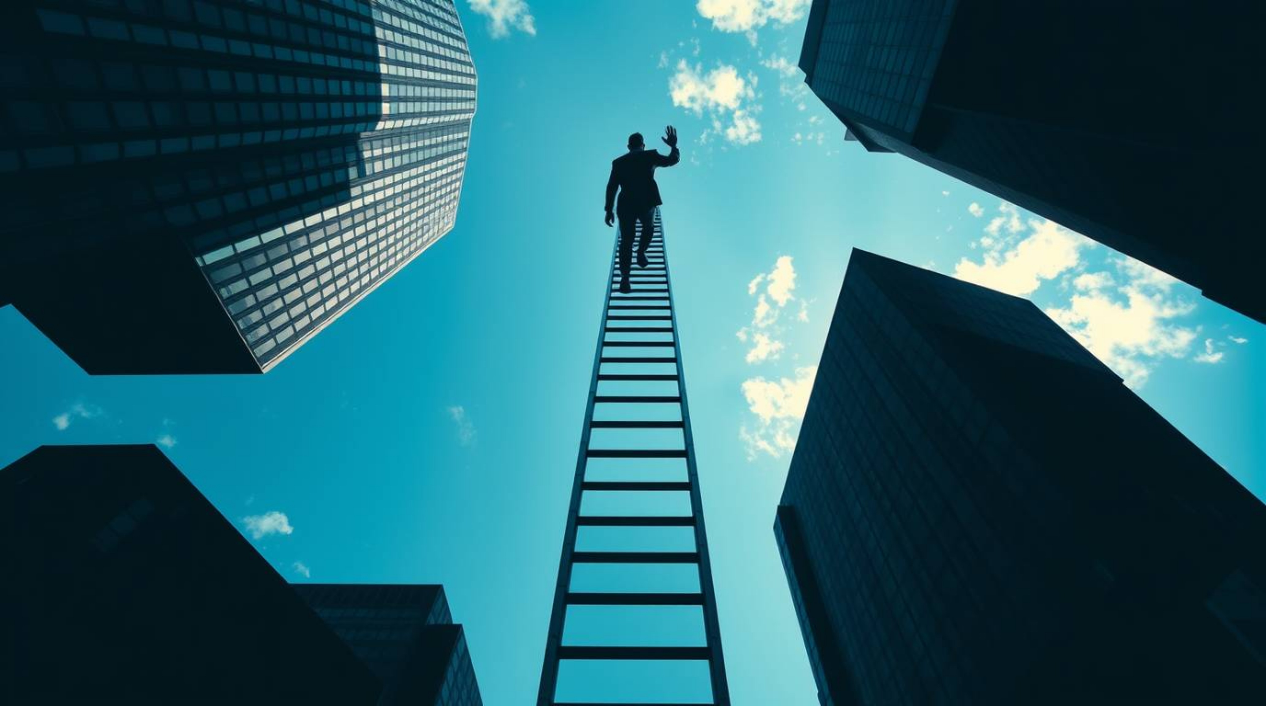An abstract image depicting the concept of success. A businessperson climbs a transparent ladder ascending into a vibrant blu