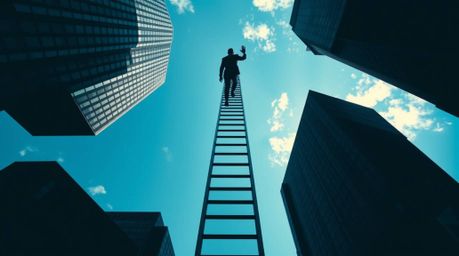 An abstract image depicting the concept of success. A businessperson climbs a transparent ladder ascending into a vibrant blu
