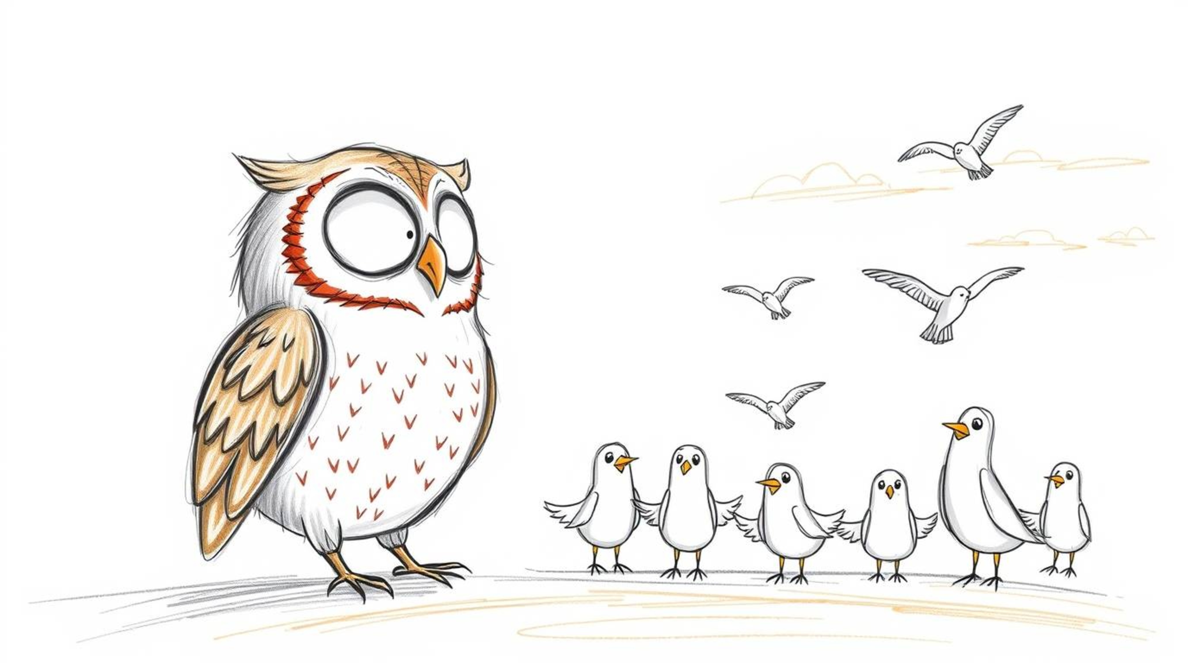 A whimsical hand-drawn sketch in the style of Pixar, depicting a blind owl with gentle features teaching a classroom of flyin