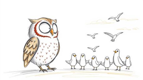 A whimsical hand-drawn sketch in the style of Pixar, depicting a blind owl with gentle features teaching a classroom of flyin