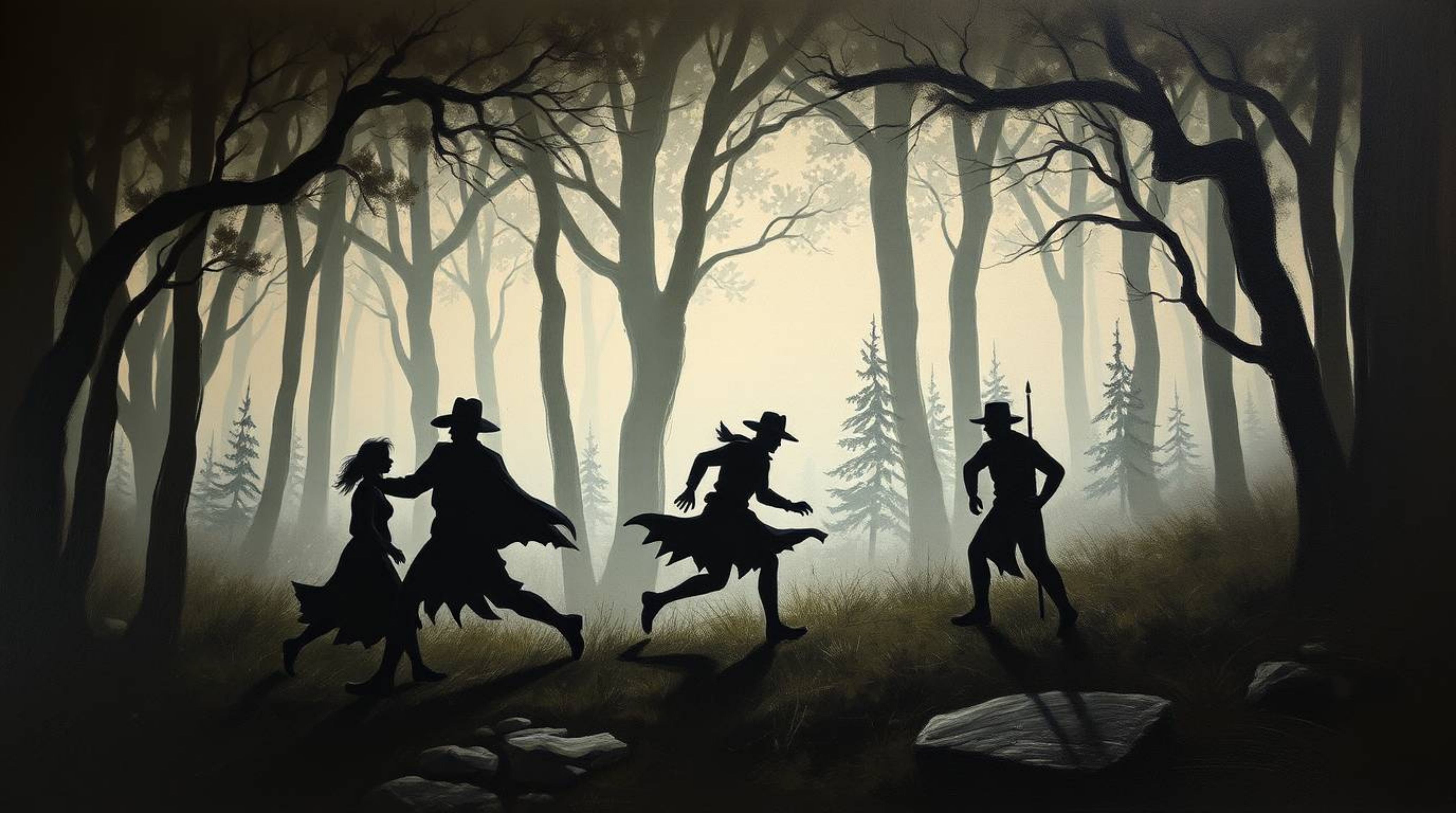 Immerse yourself in a classic oil painting depicting a dramatic forest chase. Silhouetted figures are pursued through a loopi