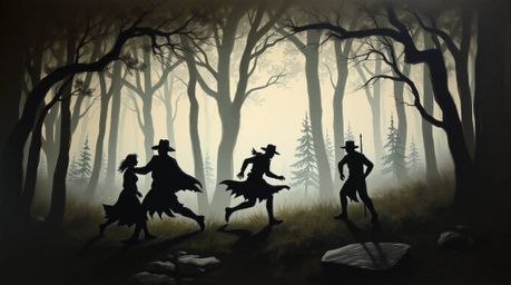 Immerse yourself in a classic oil painting depicting a dramatic forest chase. Silhouetted figures are pursued through a loopi